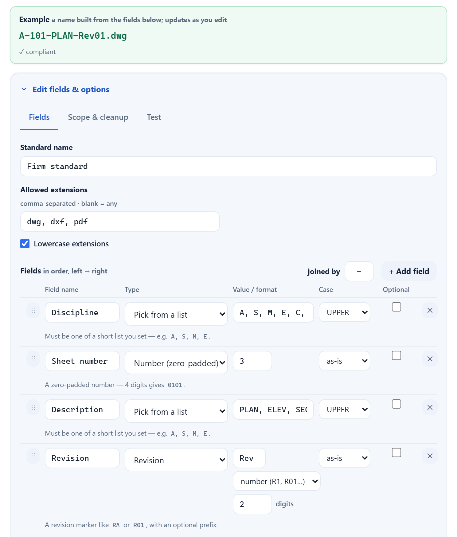 CADKeeper's rule builder: an ordered list of fields (Discipline, Sheet number, Description, Revision) with type, allowed values, casing and a live compliant example name, A-101-PLAN-Rev01.dwg.